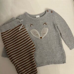 Cozy Knit Fox Sweater and Striped Pants Set